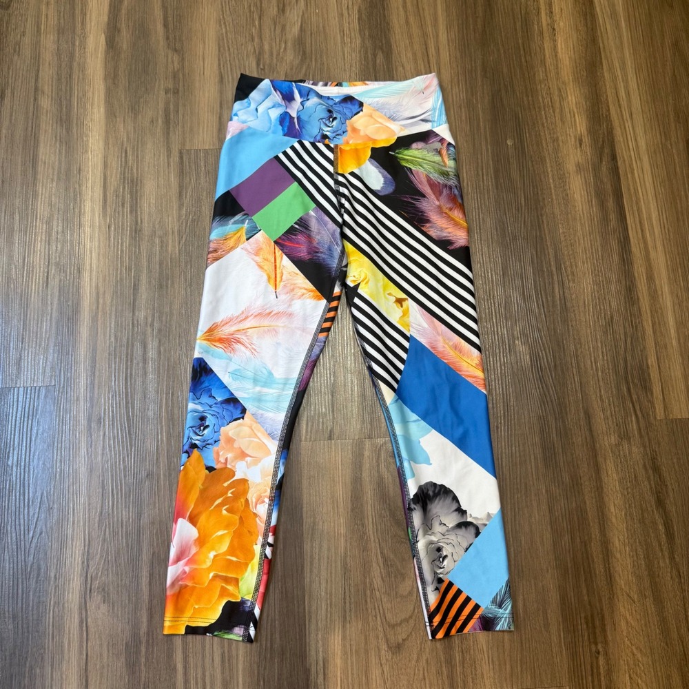 Running Bare Leggings‎ Womens 2/4 Multicolor Floral Stripe Patchwork Active